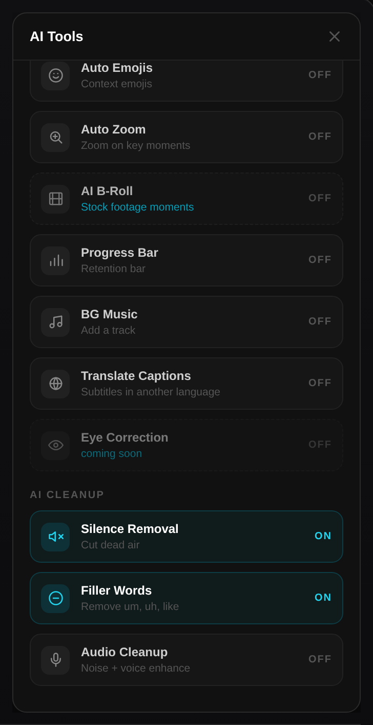 Silence Removal and Filler Words toggles in the SocialClip Studio editor AI Tools panel
