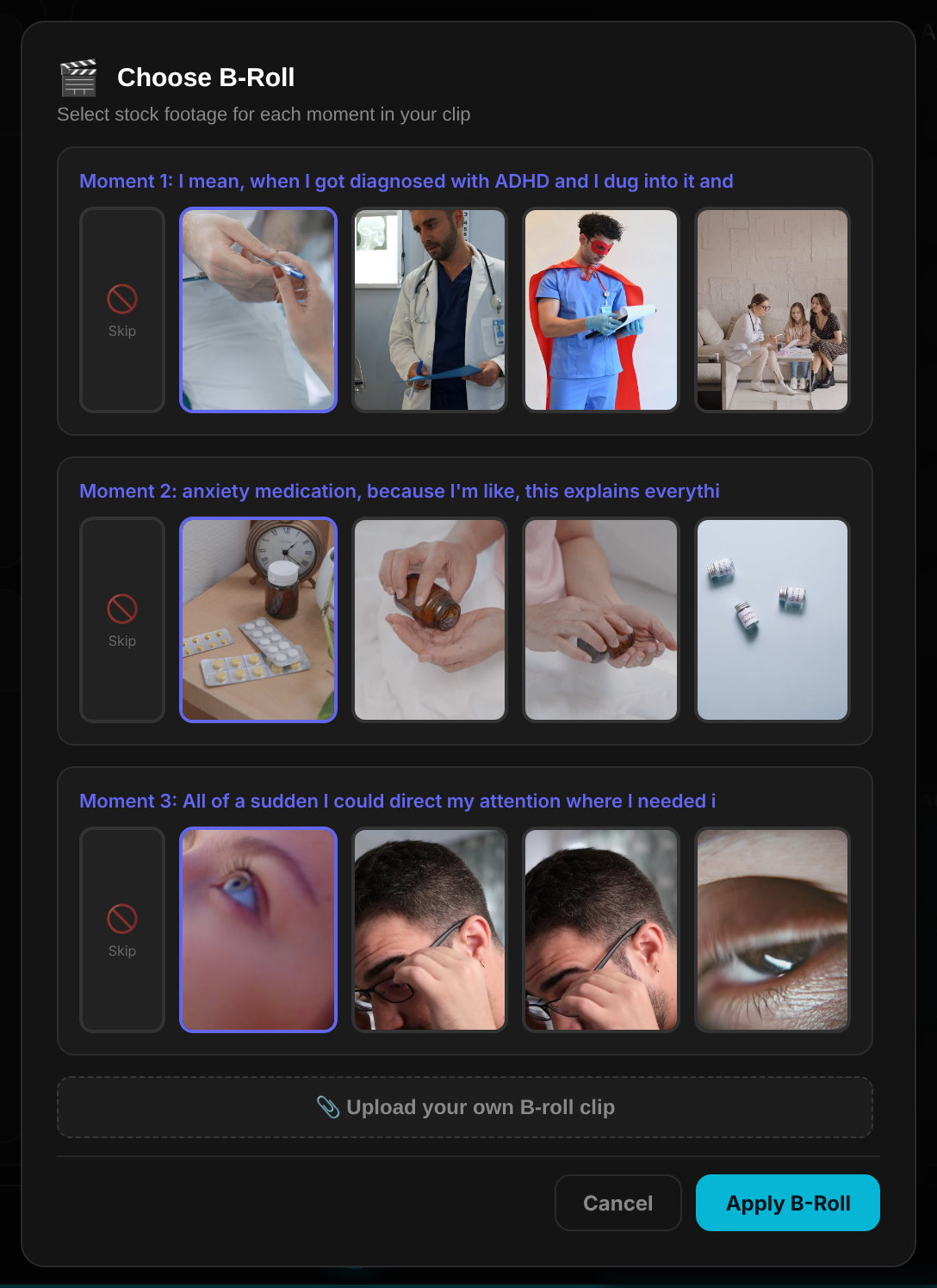 The Choose B-Roll picker in SocialClip Studio showing stock footage suggestions matched to three spoken moments in a clip