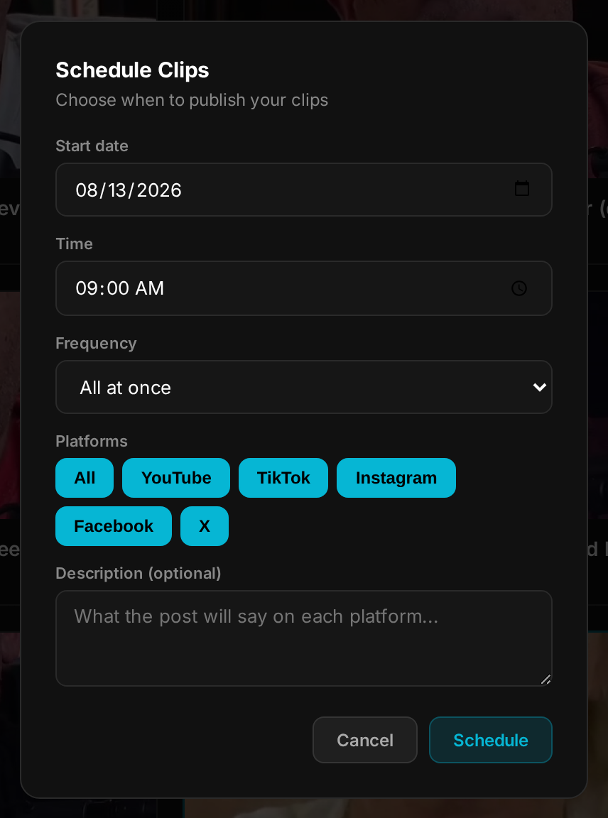 Scheduling a batch of clips to YouTube, TikTok, Instagram, Facebook and X in SocialClip Studio